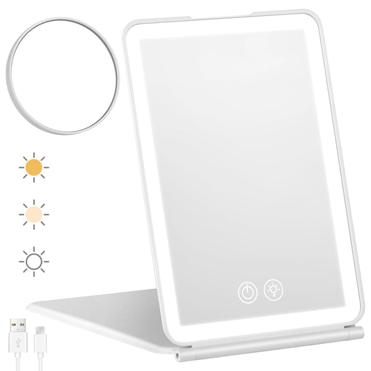 Espejo de Maquillaje de Viaje, Espejo Cosmético, Espejo Compacto con Pantalla Táctil Atenuación con 72 Luces LED, Recargable Por USB, Iluminación de 3 Colores, con Lupa 10x, Portátil, Ultra Delgado