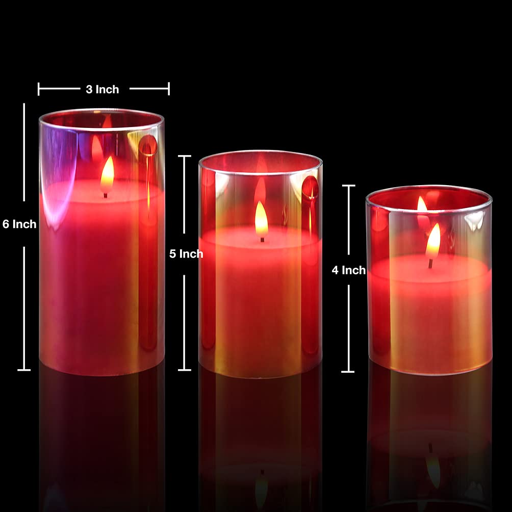 Eywamage - Juego de 3 velas led de vidrio rojo sin llama con control remoto, batería parpadeante