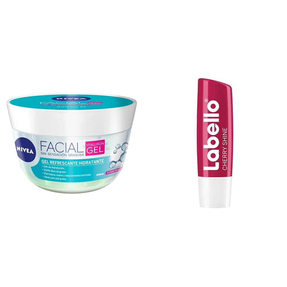 NIVEA Gel Facial Refrescante Cuidado Facial (200 ml) con ácido hialurónico + LABELLO Labello Cereza 4.5g, color Cereza, 4.8 gram, pack of/paquete de