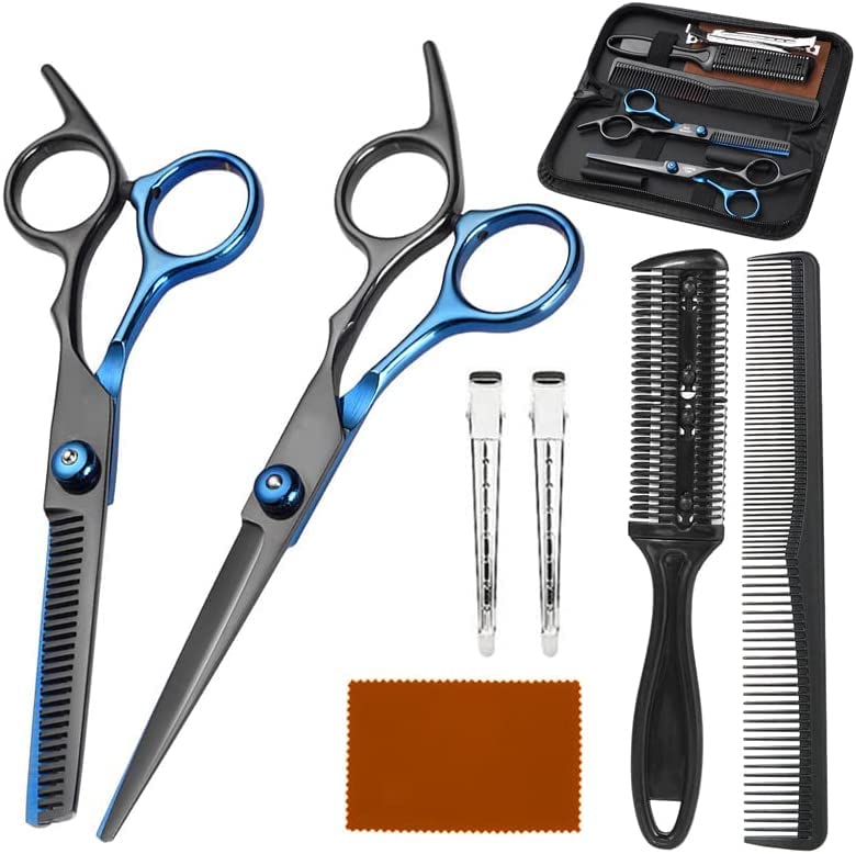 Tijeras de Peluquería, Tijeras para Cortar Cabello Profesional con Peine de Afeitar, Set Tijeras de Pelo Acero Inoxidable con Capa de Barbero y Clips, Tijeras Entresacar Peluquería para Hombres y Mujeres, Herramientas de Peluquero para Hogar y Salón