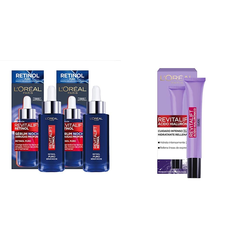 L'OREAL PARIS Kit 2 pack sérum Revitalift Retinol puro anti-arrugas 30ml,Blanco + Crema para ojos anti-líneas de expresion Revitalift Ácido Hialurónico de L'Oréal Paris, 15 ml