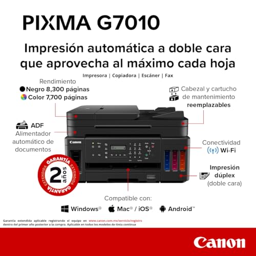 Canon Impresora Multifuncional Wi-Fi G7010 de Tanque de tintas, Bandeja de Entrada de 350 Hojas con ADF y Fax