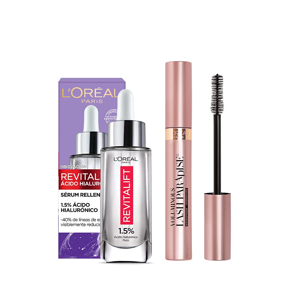 L'Oréal Paris Kit Serum Facial Revitalift Ácido Hialurónico y Mascara de Pestañas a Prueba de Agua Lash Paradise