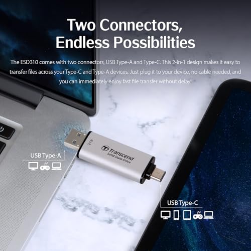 Disco Duro SSD Portátil Transcend 1TB Negro USB 3.2 Gen 2 2-in-1 Type C y A para Windows y Mac