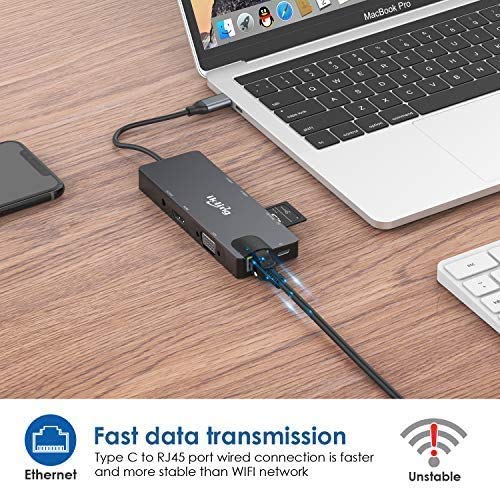 Hub USB C, adaptador 3 en 1 USB C con 4K USB C a HDMI, VGA, carga USB C, 2 USB 3.0, lector de tarjetas SD/TF, USB C a 3,5 mm, Gigabit Ethernet, base USB C compatible con Apple MacBook Pro 13/15 (Thunderbolt 3)
