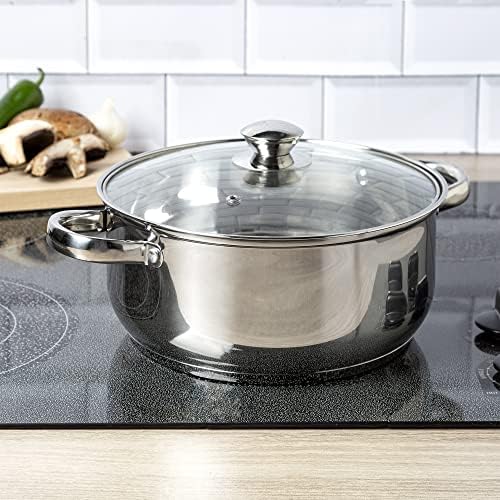 Ecolution Olla de acero inoxidable con parte inferior encapsulada a juego con tapas ventiladas de vidrio templado, hecha sin PFOA, apta para lavavajillas, 5 cuartos de galón, color plateado
