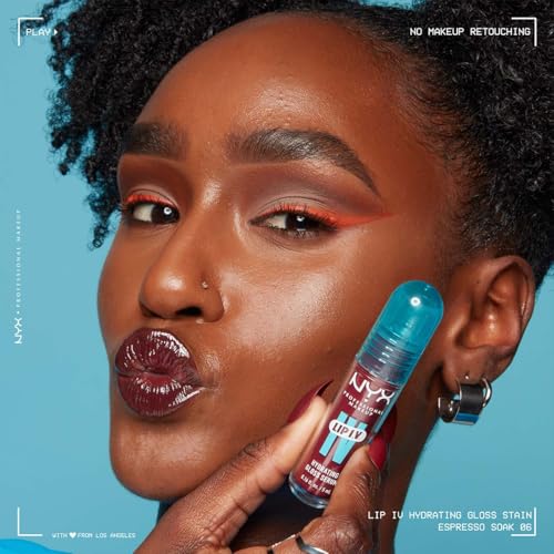 NYX Professional Makeup, LIP IV Gloss Serum Hidratante, Tono: Espresso Soak. Tinta de Labios hidratante con alto pigmento infusionado con agua de coco y magnesio. Fórmula vegana.