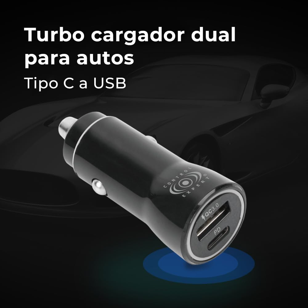 CONTROL EXPERT Turbo Cargador USB y Tipo C para Auto 38W Ultra Rápido (Negro)
