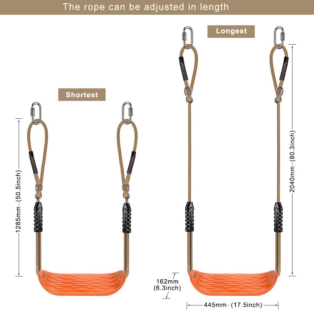 BeneLabel Asiento Columpio Resistente con mosquetones, reemplazo de Accesorios de Juego de Columpio para Patio de recreo, Cuerda Ajustable, más Largo 97.4", más Corto 66.7, Naranja Ondulado
