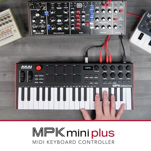 Akai Professional MPK Mini Plus - Teclado Controlador MIDI USB de 37 Mini Teclas con 8 Pads MPC, Secuenciador, MIDI/CV/Gate I/O, Software de Producción y Native Instruments Sound Package