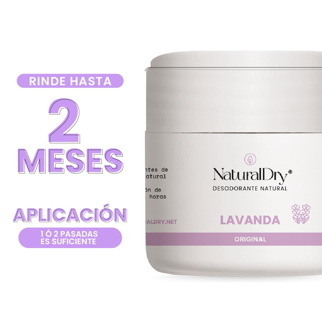 NaturalDry - Desodorante Mujer sin aluminio - Sin Parabenos - No obstruye los poros - Hidrata tu piel - Elimina el mal olor -permite la transpiración - Olor agradable a Lavanda - En tarro (1 unidad)