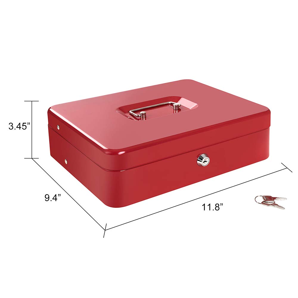 Caja de dinero con bandeja para dinero y cerradura de llave, caja fuerte grande de metal con bandeja para monedas en voladizo, caja de bloqueo para dinero de 11.8 x 9.4 x 3.5 pulgadas, color rojo
