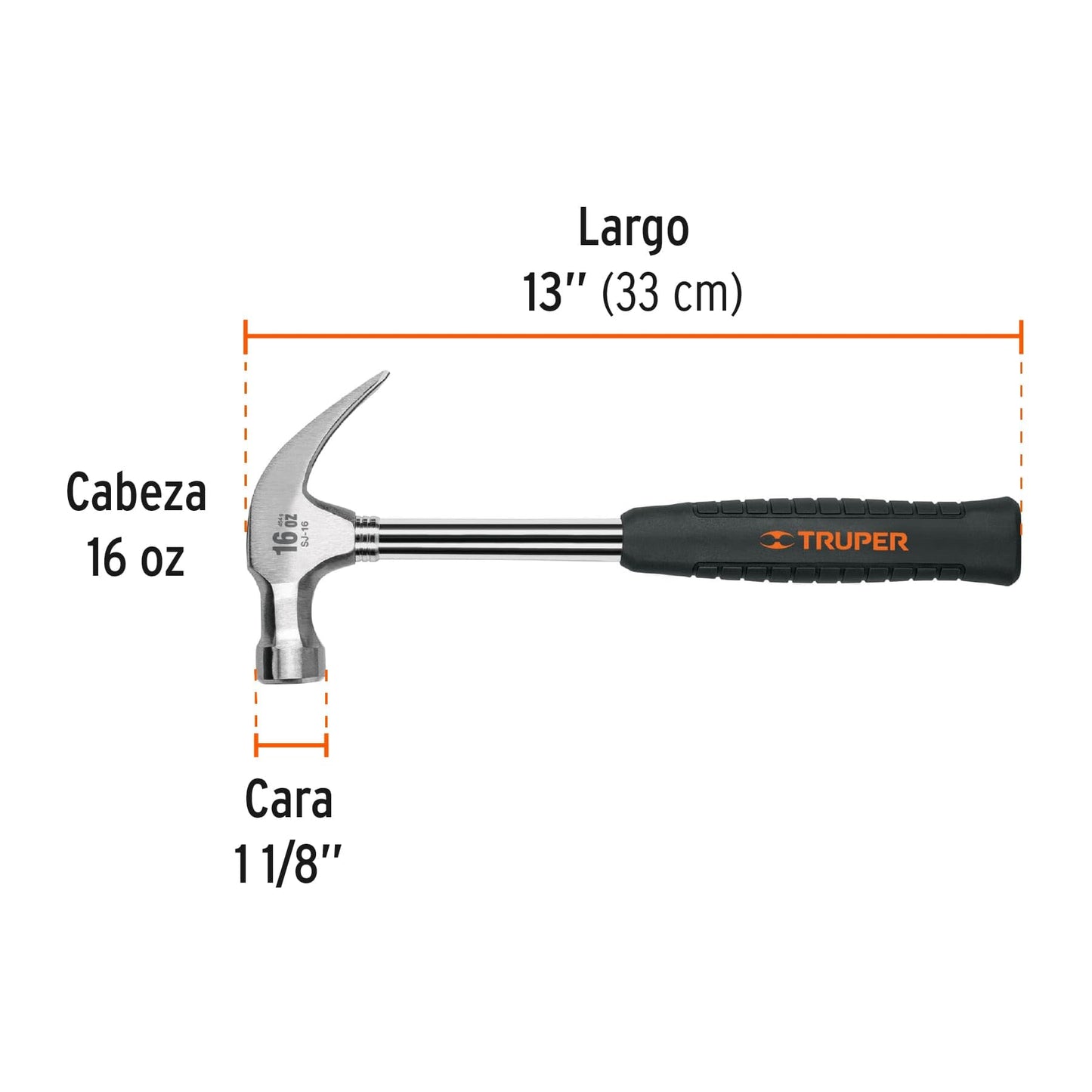 Martillo Truper Pulido Naranja 16 oz con Uña Curva y Mango Tubular de Neopreno