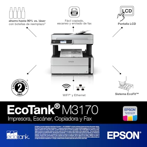 Epson Ecotank Impresora Multifuncional Blanco y Negro M3170