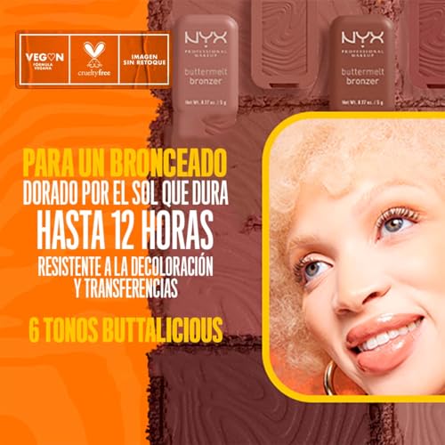 NYX Professional Makeup, Buttermelt Bronzer, Tono: All Butta D Up (café cacao). Bronceador cremoso en polvo infusionado con manteca de karité, mango y almendras, hasta 12hrs de uso, no se desvanece, resistente a transferencias. Fórmula vegana.
