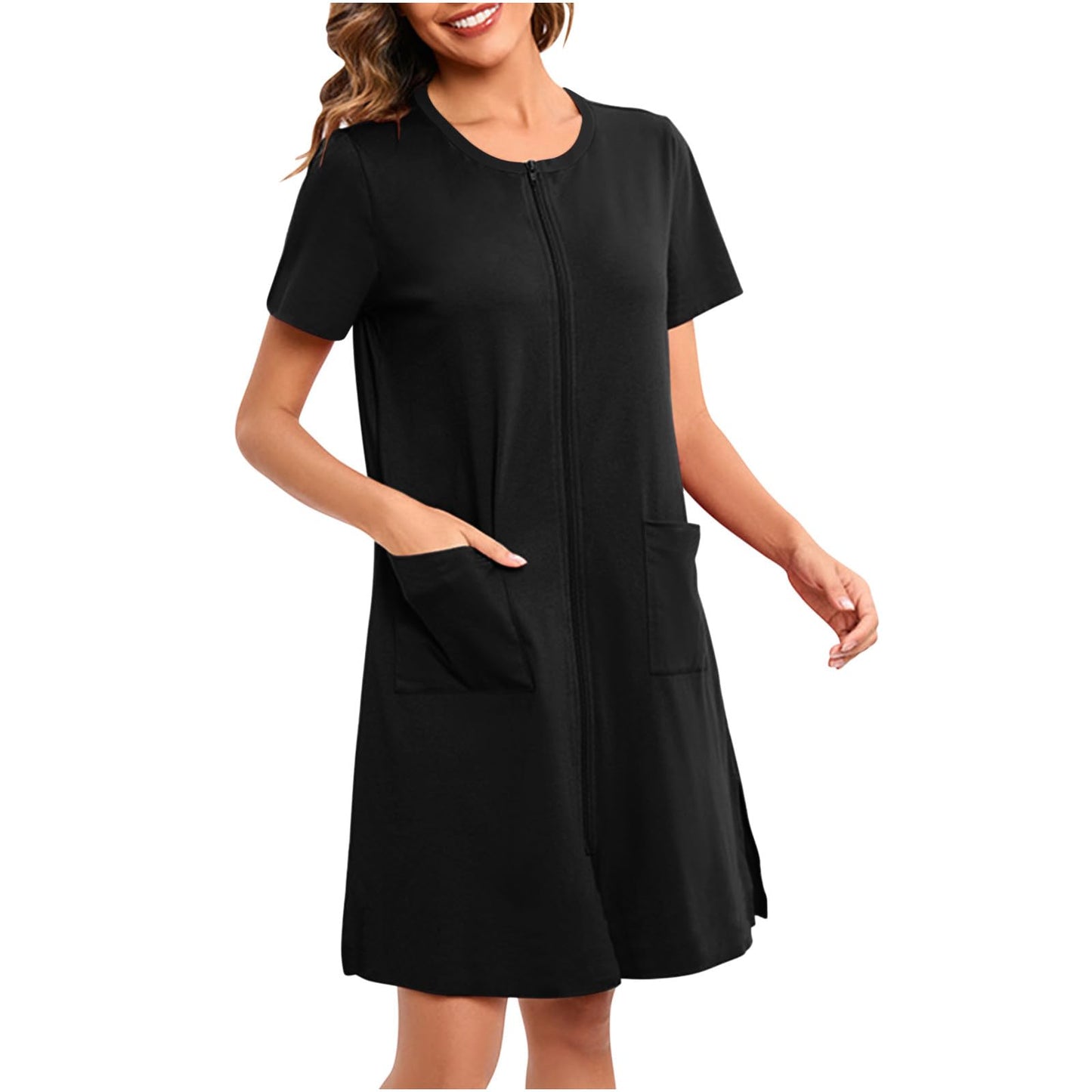 Batas ligeras para mujer, ropa de estar por casa cómoda, bata con cremallera en la parte delantera, vestidos de casa de manga corta, ropa de dormir holgada Black XX-Large