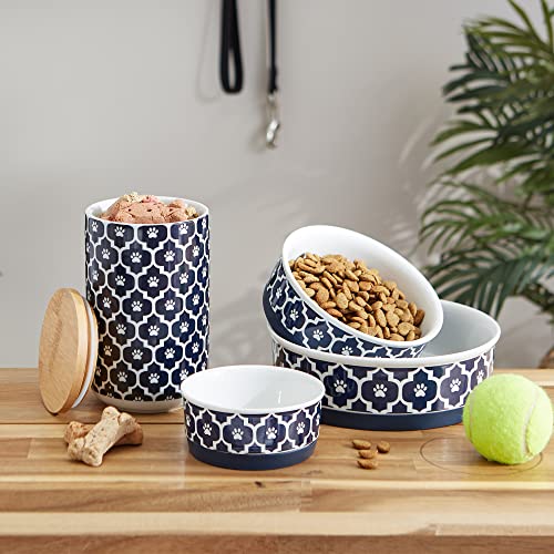 DII Bone Dry Lattice Ceramic Pet Bowl for Food & Water with Non-Skid Silicone Rim for Dogs and Cats (Small - 4.25" Dia x 2"H) Nautical Blue - Set of 2