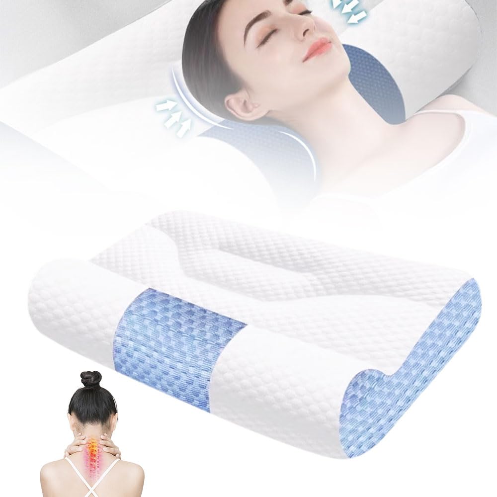Almohada Cervical de Plumón de Ganso, Almohada de Apoyo Cervical Ergonómica para Mejorar el Sueño, 2 en 1 Que Alivia el Dolor de Cuello y Brinda Soporte Contorneado para Personas (Azul claro, M)