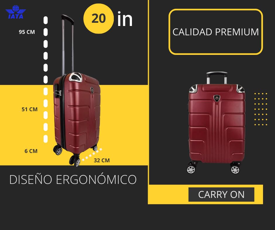 Maleta de Mano JONY Carry On Rigida Resistente Ruedas Giratorias 360 Mango Expandible ABS Candado de Seguridad (vino)