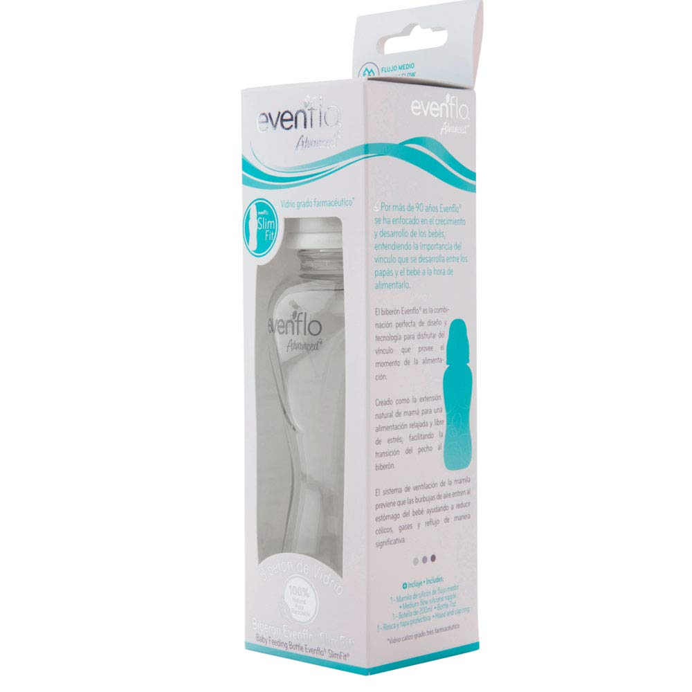 Advanced by Evenflo, Biberón Vidrio Anticólicos Cuello Estándar, Transparente, Flujo Medio, 7oz/210ml, 1 pieza, MEX.