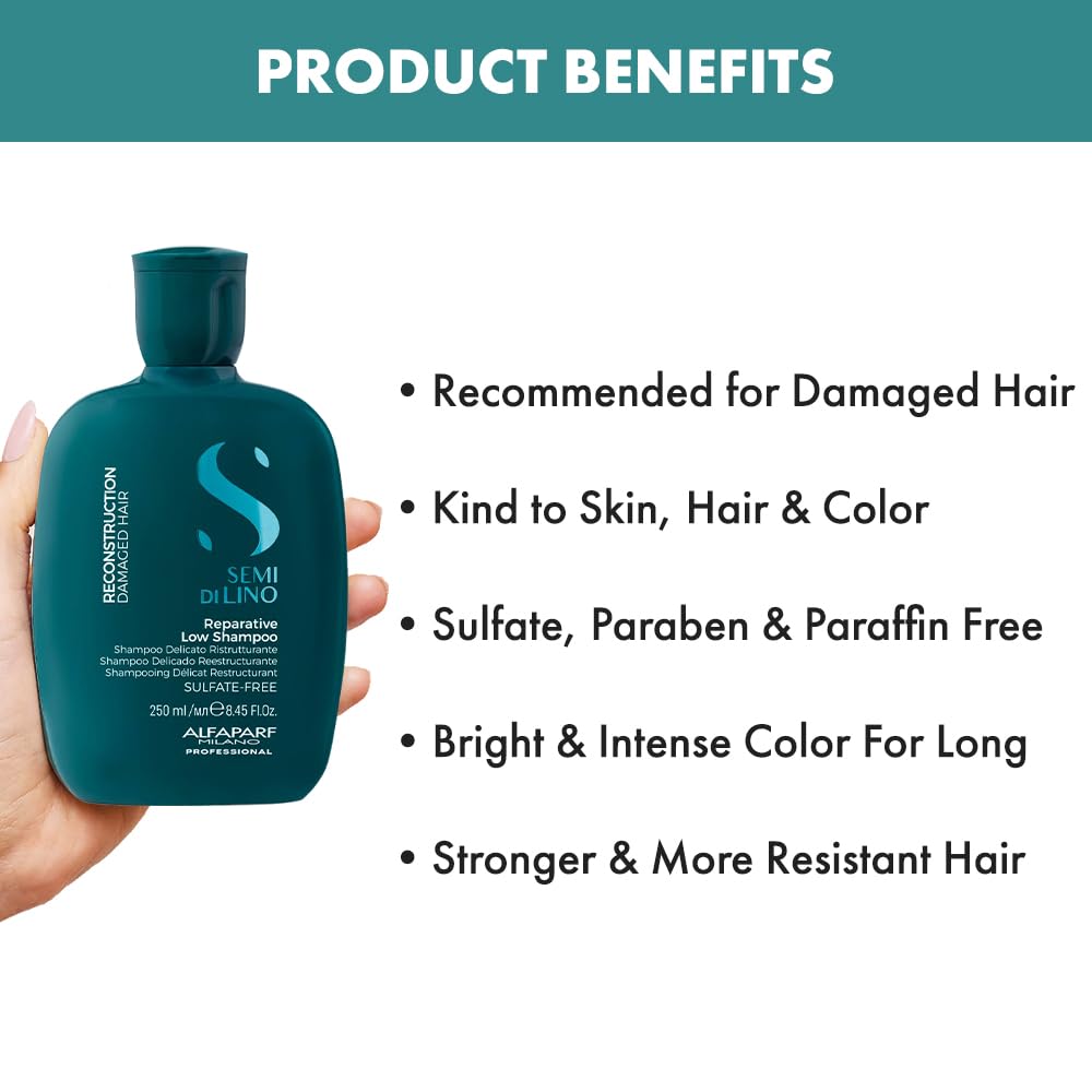 Champú reparador de reconstrucción para cabello dañado con semillas de lino Alfaparf Milano 249ml - Sin sulfatos, parabenos ni parafina - Ideal para cabello tratado con color - Calidad de salón profesional