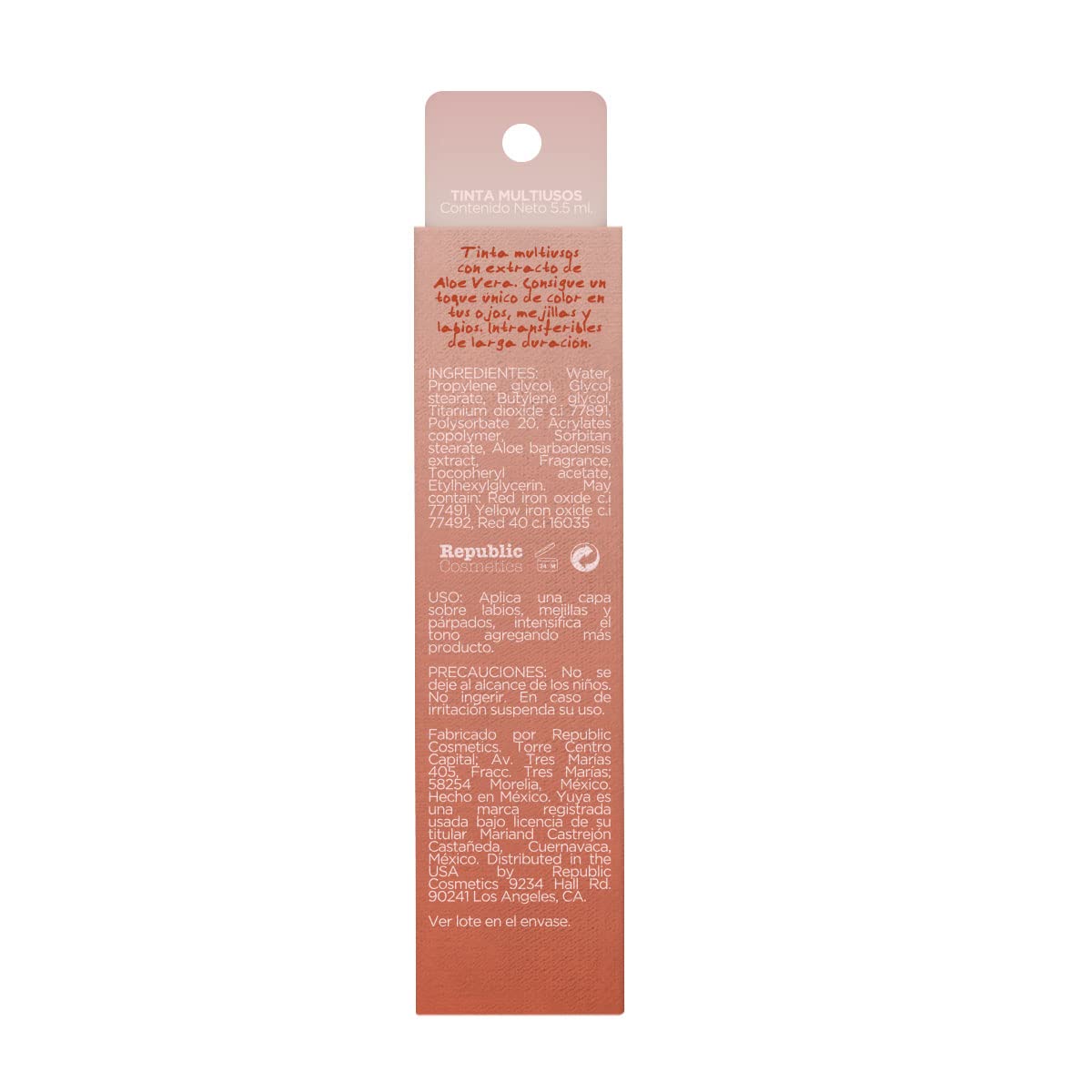 Republic Cosmetics Yuya Tinta multiusos Soledad de larga duración para labios, ojos y mejillas con extracto de Aloe Vera Color Salmon