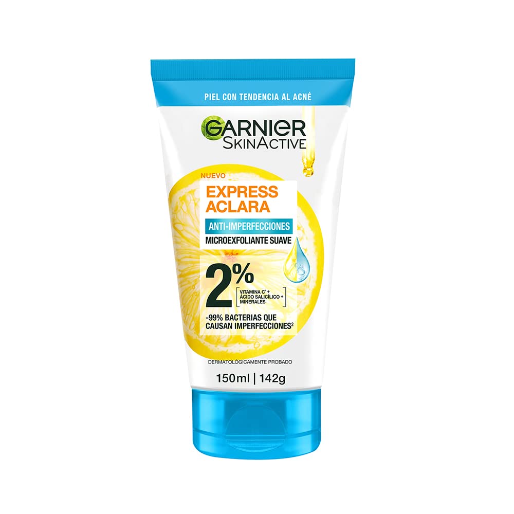 Garnier Express Aclara Exfoliante Anti Acne 150 ml + Garnier Gel Limpiador Facial Tono Uniforme con Vitamina C Express Aclara 150ml, 170 grams, 150 mililitro, 1