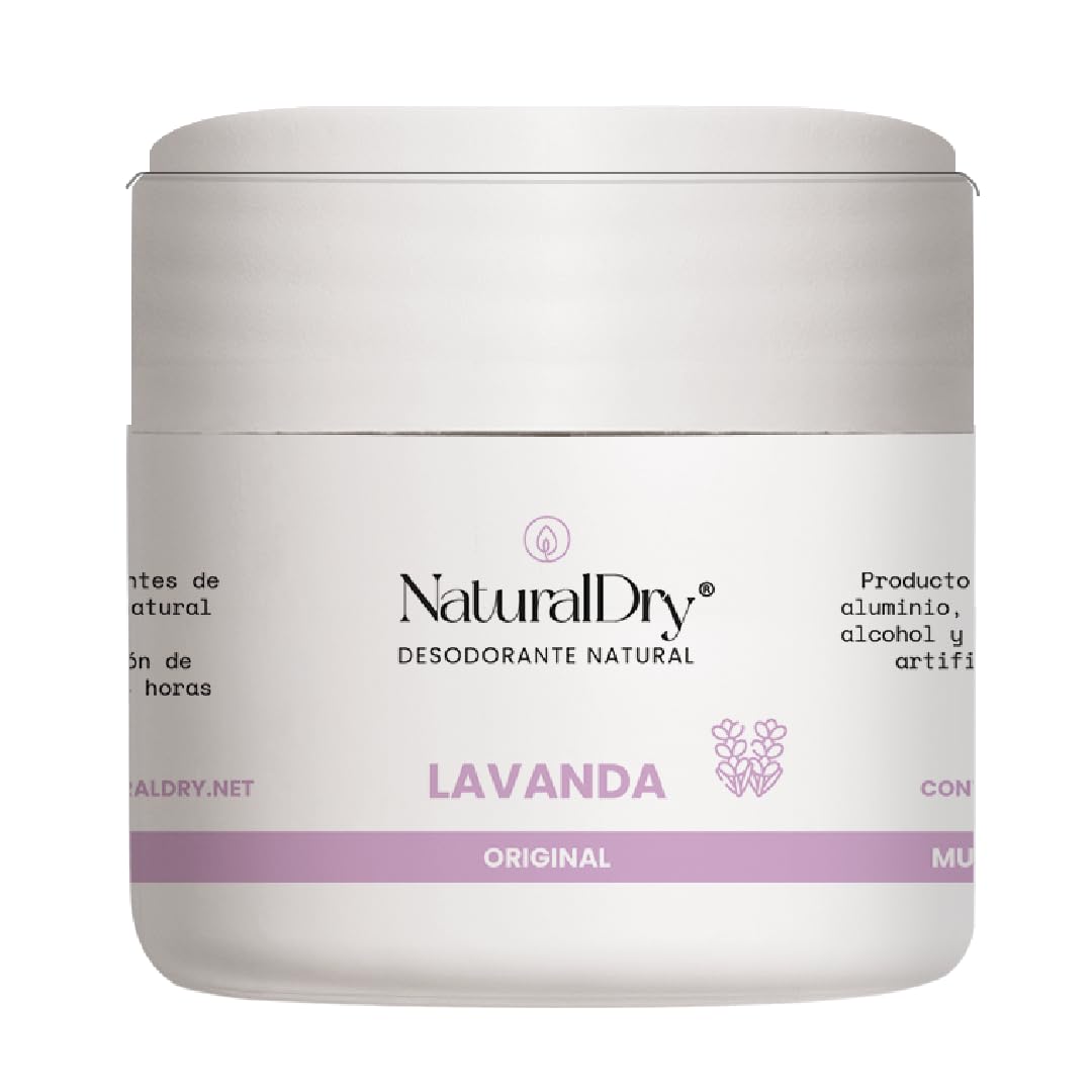NaturalDry - Desodorante Mujer sin aluminio - Sin Parabenos - No obstruye los poros - Hidrata tu piel - Elimina el mal olor -permite la transpiración - Olor agradable a Lavanda - En tarro (1 unidad)