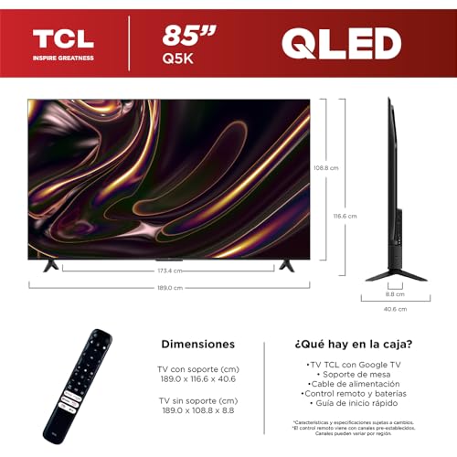 TCL Smart TV 2025 Pantalla 85" 85Q5K Google TV QLED 4K Google Assistant | Hands Free Voice Control | Alexa | VisionHDR10+| AiPQ™ | Micro Dimming | NITS350 | Panel 60 Hz