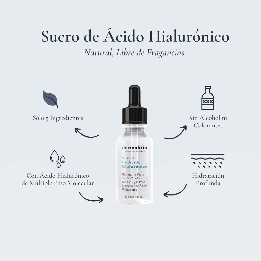 Dermakiin - Suero Antiedad de Ácido Hialurónico - Suero Fortificante Vegano con Ácido Hialurónico Multimolecular e Ingredientes Naturales - Para todo tipo de piel - 30 ml