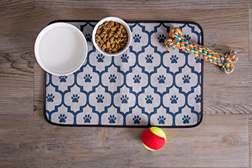 DII Bone Dry Paw Patch & Stripes Ceramic Pet Bowl for Food & Water with Non-Skid Silicone Rim for Dogs and Cats (Medium - 6" Dia x 2"H) Nautical Blue - Set of 2