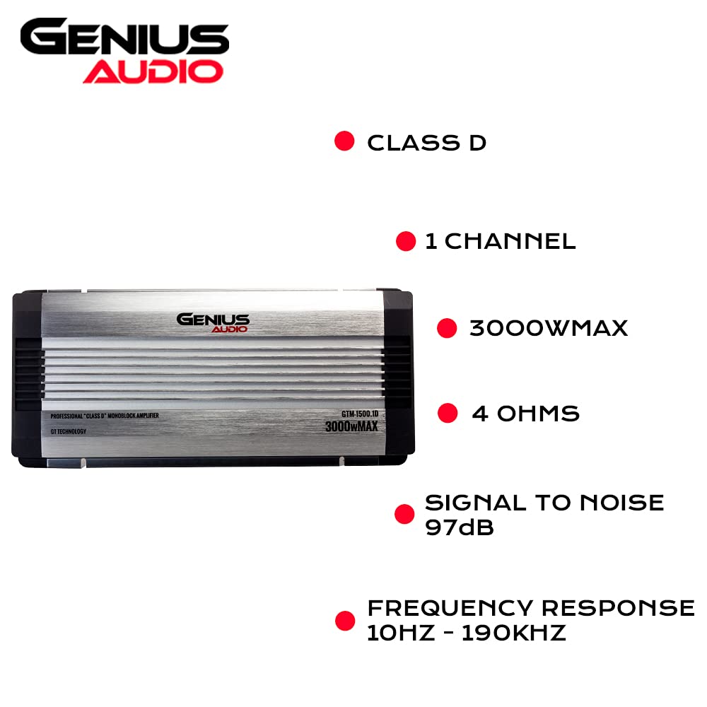 GENIUS - Amplificador compacto Full Range clase D GTM-1500.1D / 3000 watts/estable a 1 ohm con sistema de protección de energía y refuerzo de graves para Bocina y woofer