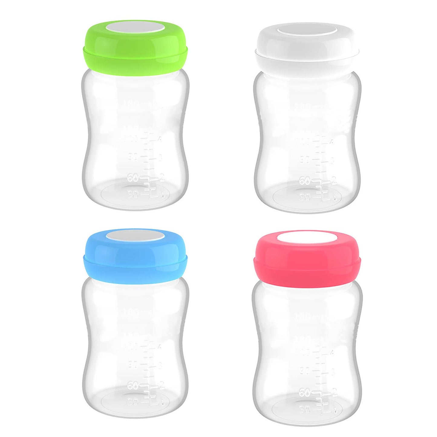 Botellas de Leche Materna, 4PCS Botellas de Almacenamiento de Leche Materna Botellas de Congelador de Leche Materna a Prueba de Fugas de Calibre Ancho con Junta de Silicona 180ml