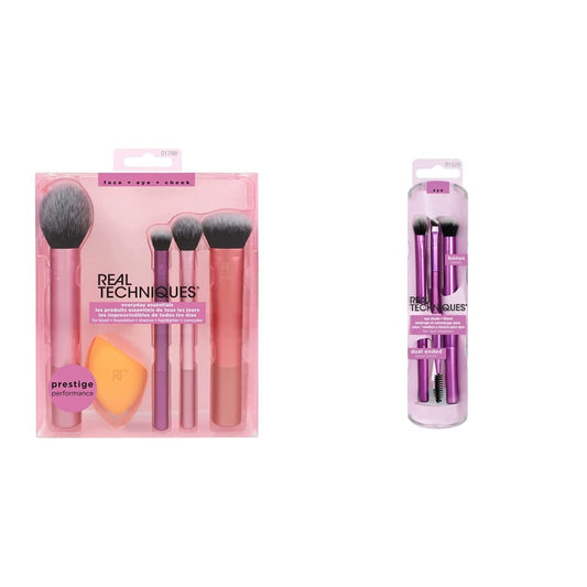 Real Techniques, Everyday Essentials, Set de Brochas de Maquillaje con Esponja Multifuncional, Kit de Accesorios Esenciales +, Dúo de Brochas de Maquillaje para Ojos