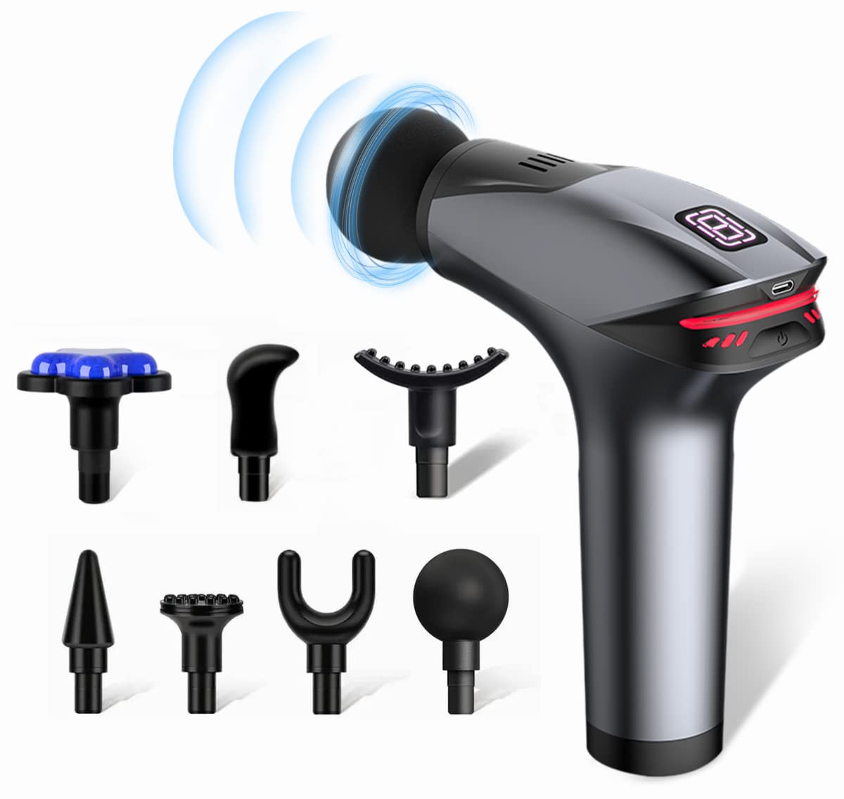 Pistola de Masaje Muscular, Pistola de Masaje Silenciosa con 8 Velocidades Ajustables, Masajeador Muscular de Tejido Profundo para el Alivio del Dolor Muscular, 7 Cabezales de Masaje, Carga USB (Gris)