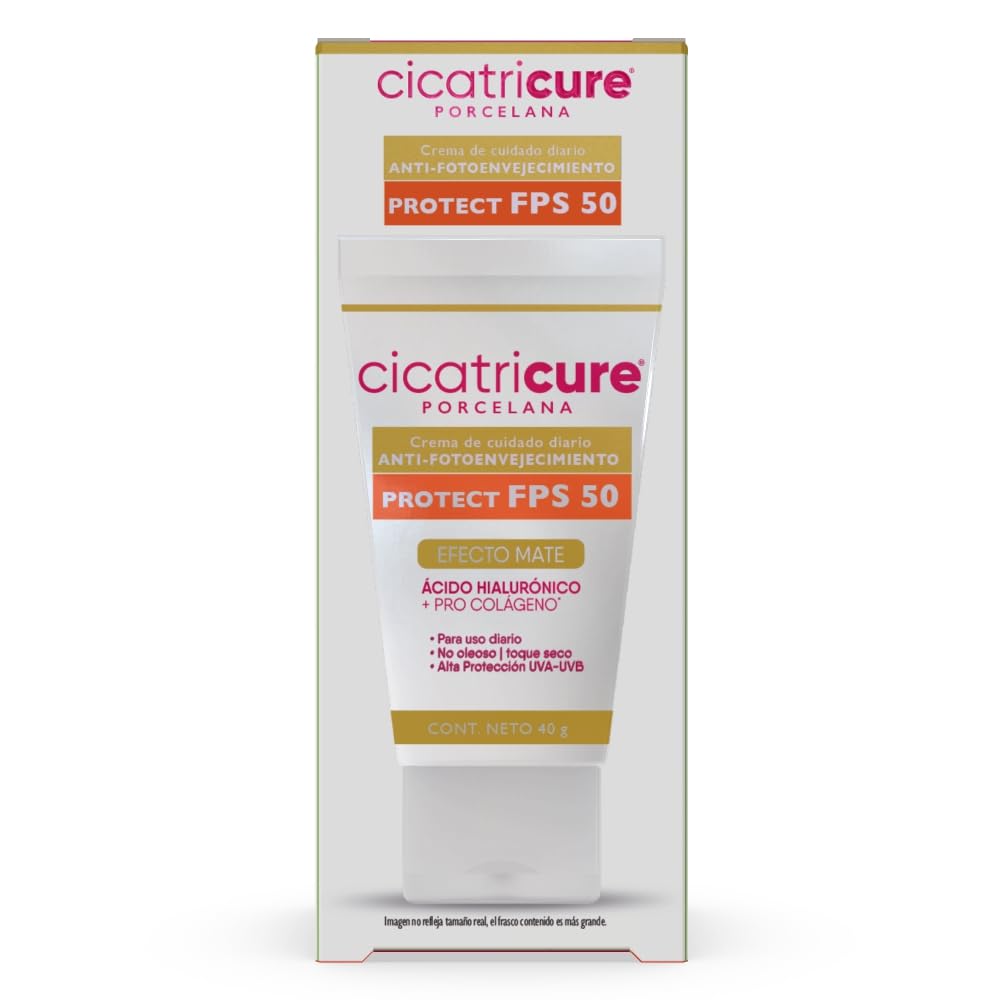 CICATRICURE - Porcelana Protect FPS 50. Crema de cuidado diario Anti-envejecimiento de alta protección UVA-UVB, efecto mate con acido hialurónico + pro colágeno, presentación con 40g