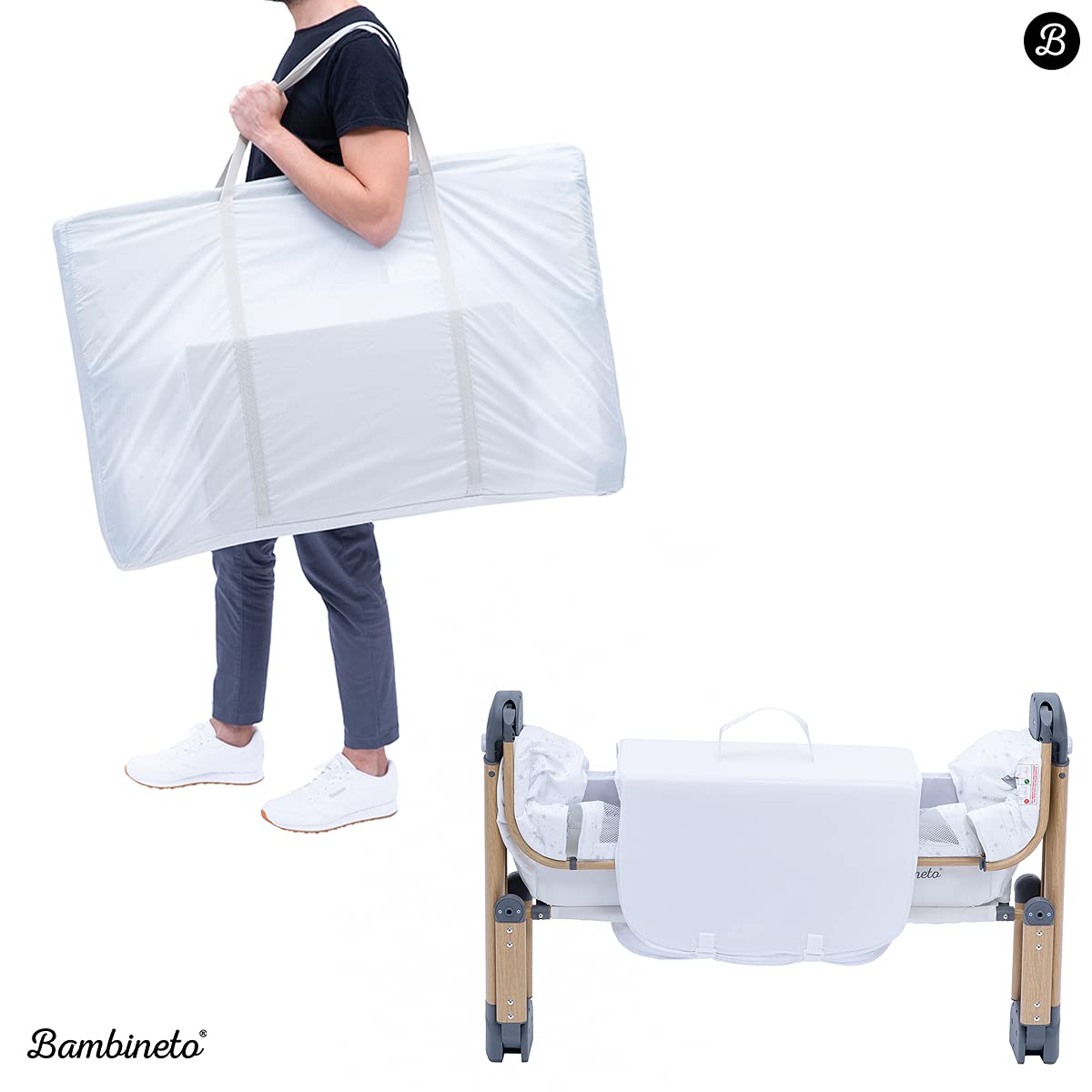 BAMBINETO Cuna Colecho Moisés para bebé Rame, mosquitero, colchón, Plegable, Maleta de Viaje. Gris