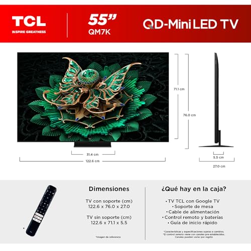 TCL Smart TV Pantalla 55" 55QM7K Google TV QLED - MiniLED 4K Google Assistant | Hands Free Voice Control | Alexa | VisionHDR10+| AiPQ™ | Micro Dimming | NITS 3000 | Panel 144 Hz