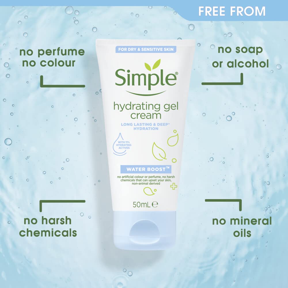 Simple Face Moisturizer Gel Cream for Sensitive Skin. Water Boost Ultra Light Refreshing Formula, with Minerals and Plant Extract. 1.69 Ounce, Pack of 6