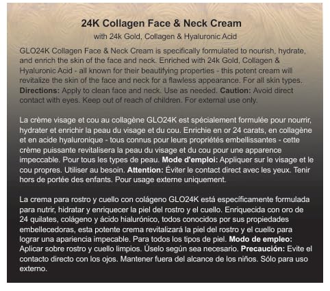 Crema de colágeno para rostro y cuello GLO24K con oro de 24k, colágeno y ácido hialurónico. Aumente los niveles de colágeno de su piel para una piel radiante y resplandeciente.