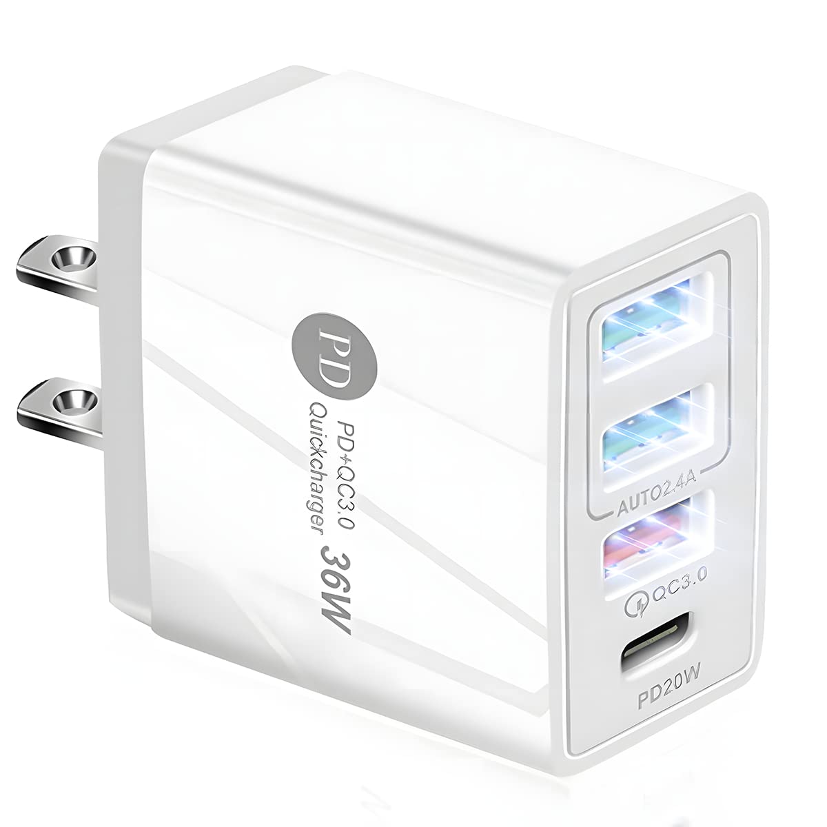 DAQI Cargador de Carga Rápida 36W 4 en 1,36W 4 Puertos de Carga Rápida PD Cargadores de Pared con QC3.0,Bloque de Carga súper rápida, 4 Puertos, Compatible para Celular, Tablet y Laptop y más
