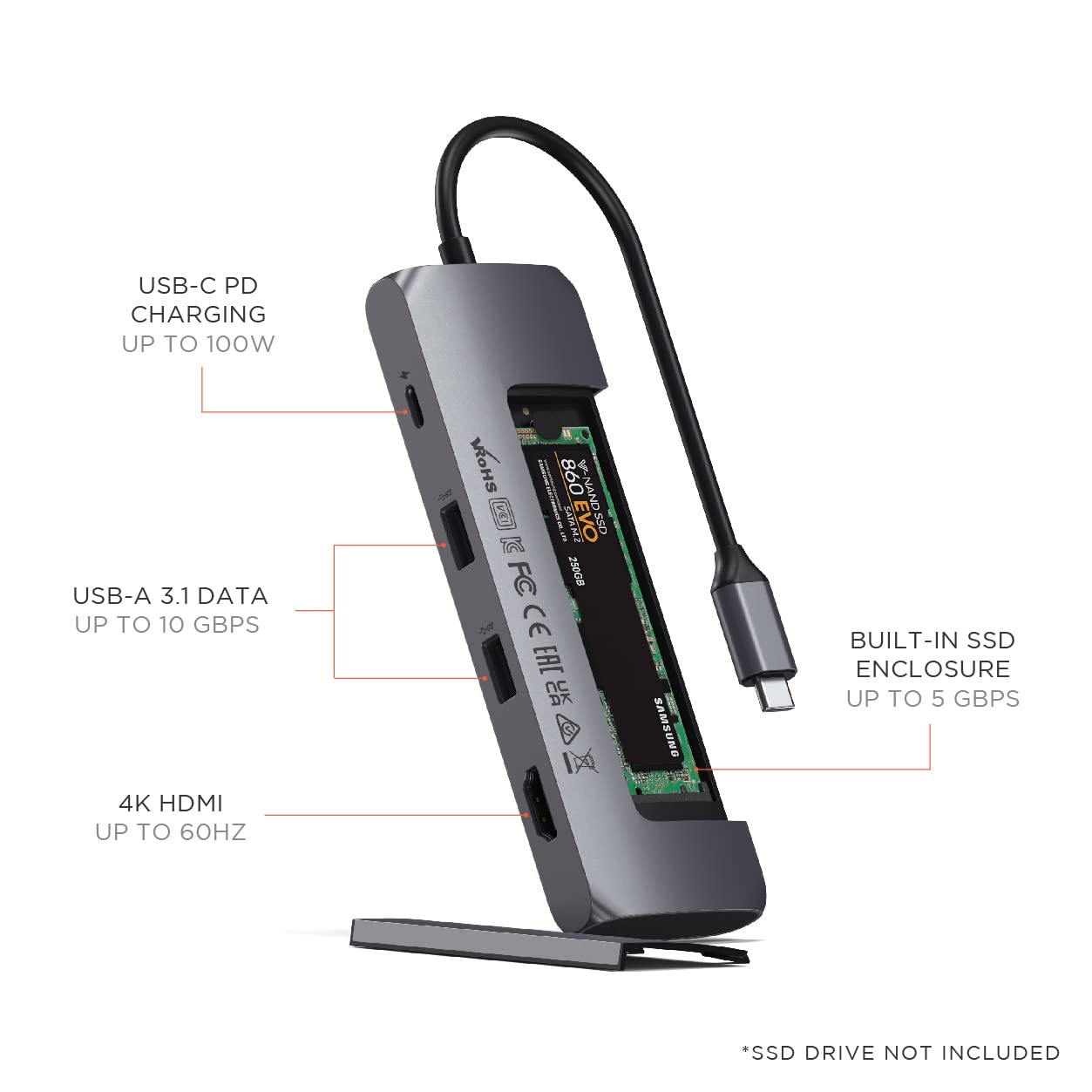 Adaptador Multipuertos Híbrido USB-C SATECHI Gris Espacial con Puertos M.2 SATA SSD y HDMI 4K 60Hz