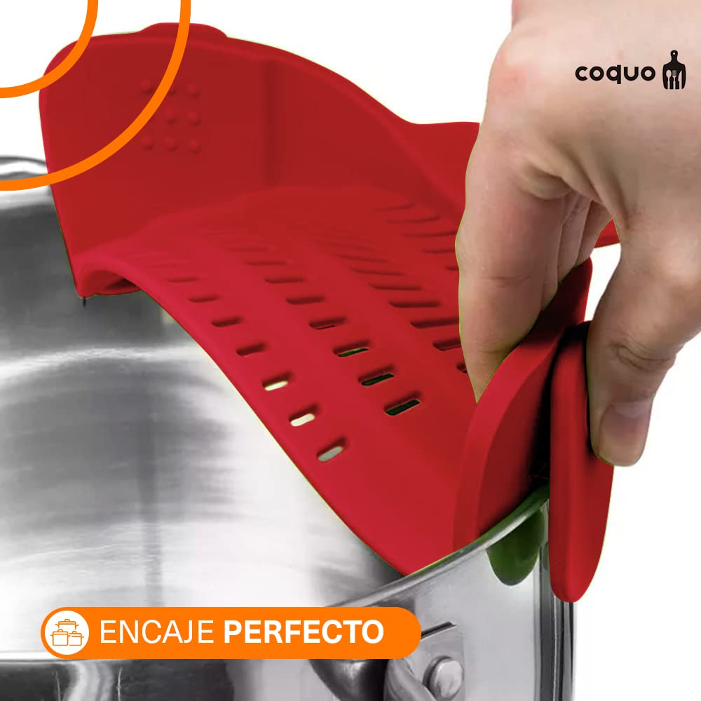 COQUO - Colador para Cocina con Clip - Ideal para cualquier Olla, Sartén y Contenedor de Cocina - Fácil de lavar y utilizar - Clip On Silicone Kitchen Colander (Rojo)