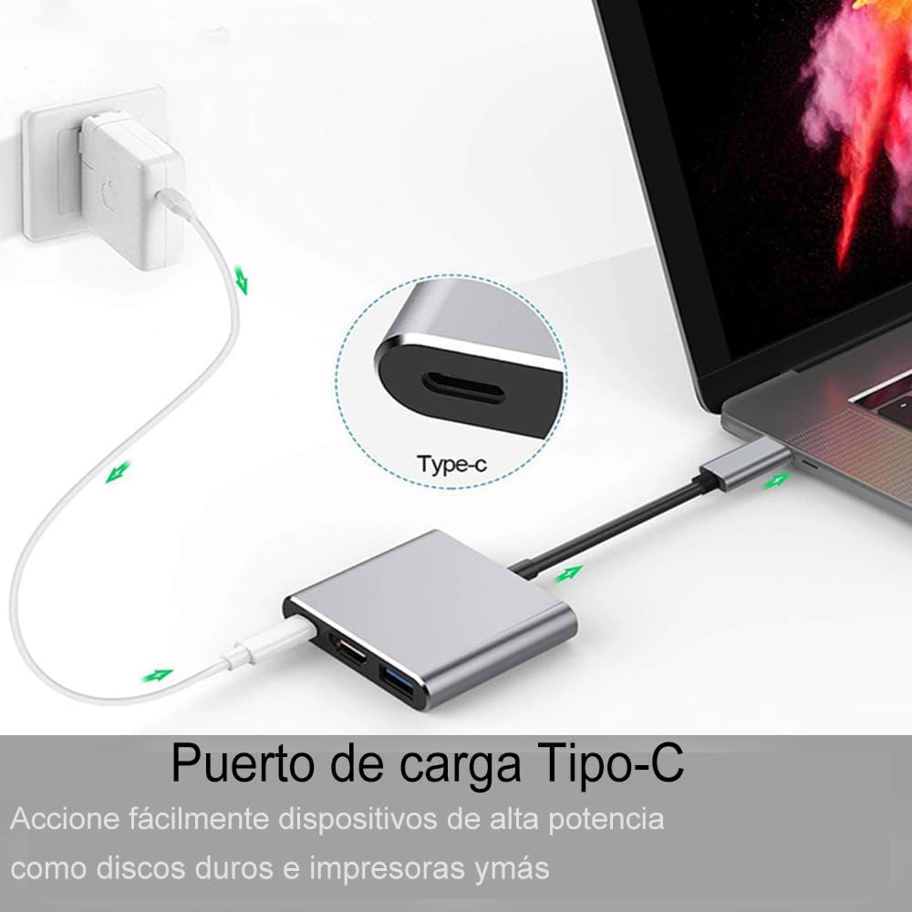 Adaptador USB C a HDMI ZOKNGB Gris con Hub 3 en 1 y Salida HDMI 4K Compatible con MacBook Pro/Air/iPad DELL XPS