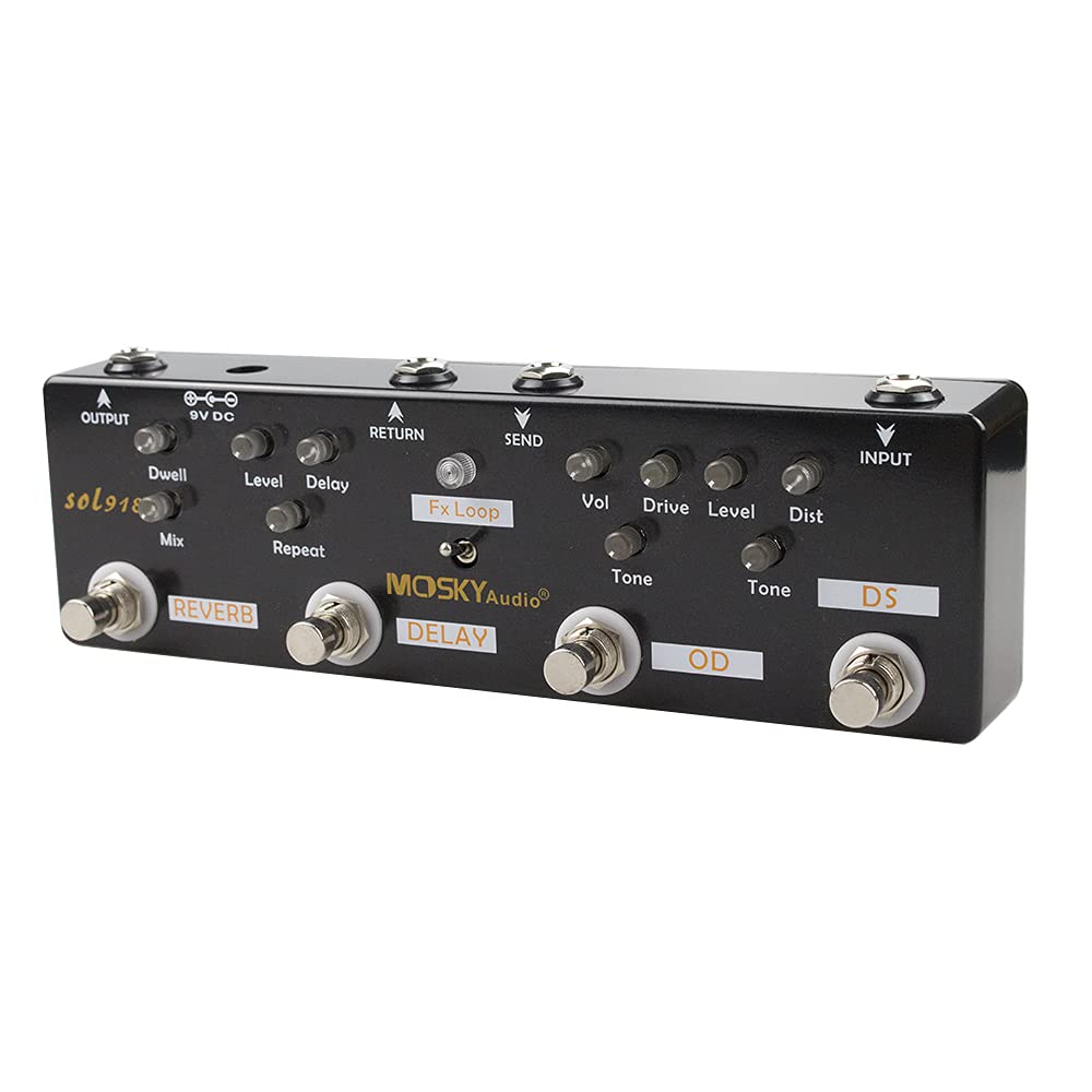Pedal Multiefectos Moskyaudio Negro 5 en 1 con Distorsión, Sobremarcha, Reverberación y Retardo Sol 918