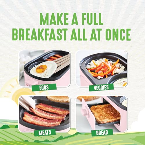 GreenLife - Estación de desayuno 3 en 1, cerámica antiadherente doble plancha para huevos, carne, panqueques y sándwiches + cajón de tostadas de 2 rebanadas, cocina saludable, temporizador, versátil