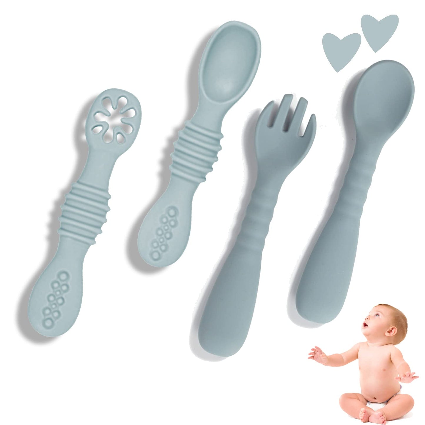LEIDSANY Cucharas para bebe, cucharas de silicio para dietas de entrenamiento, silicona suave no contiene BPA, ejerce hábitos alimenticios independientes, aptos para bebe de todas etapas(Azul)