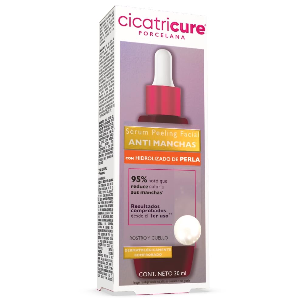 CICATRICURE - Porcelana Serum Peeling Facial. Efecto anti-manchas con hidrolizado de perla, mejora la textura, luminosidad y claridad de la piel. Uso para rostro y cuello, botella con 30ml