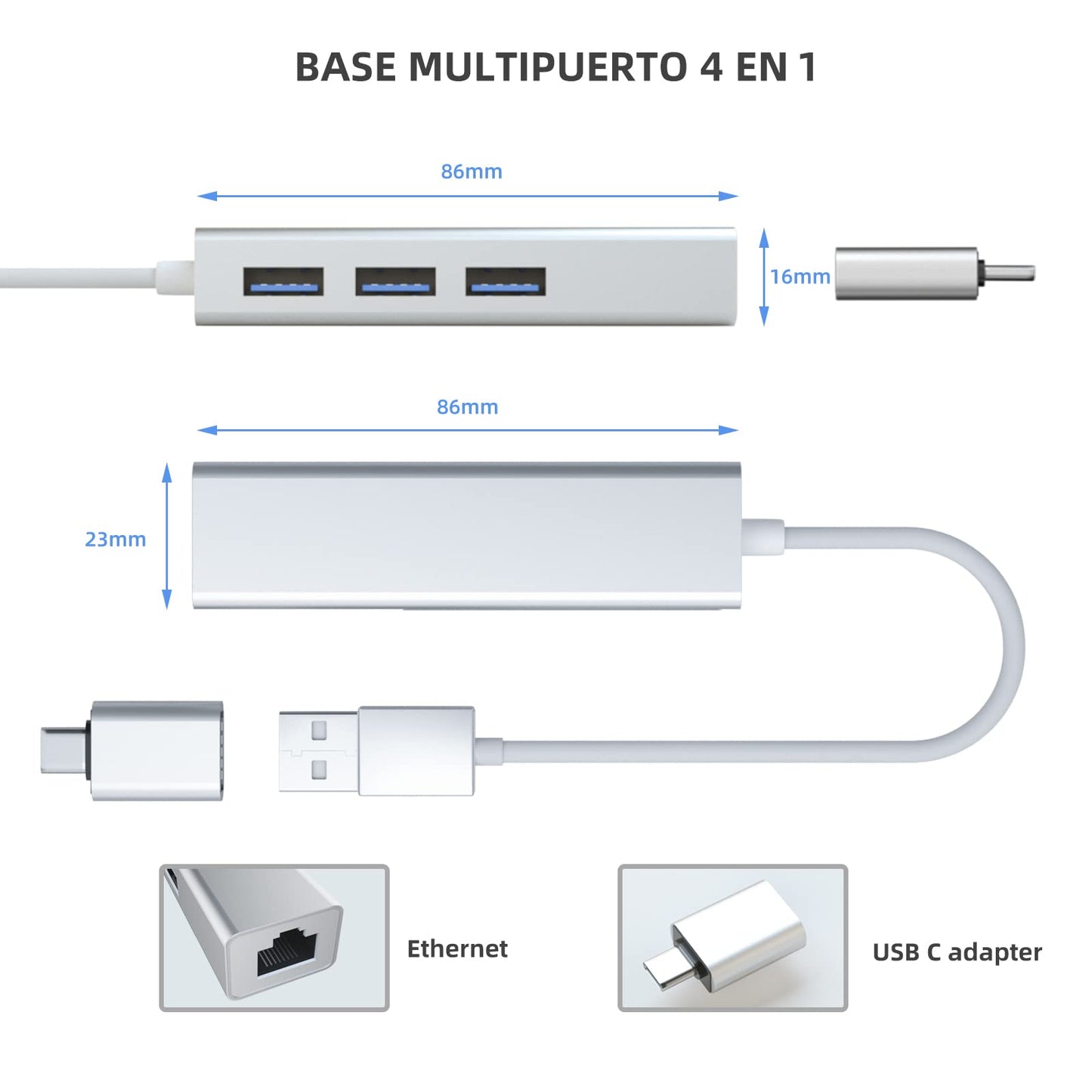 Adaptador USB Ethernet Qzgyoool con USB C y Hub 4 en 1 para PC y Mac