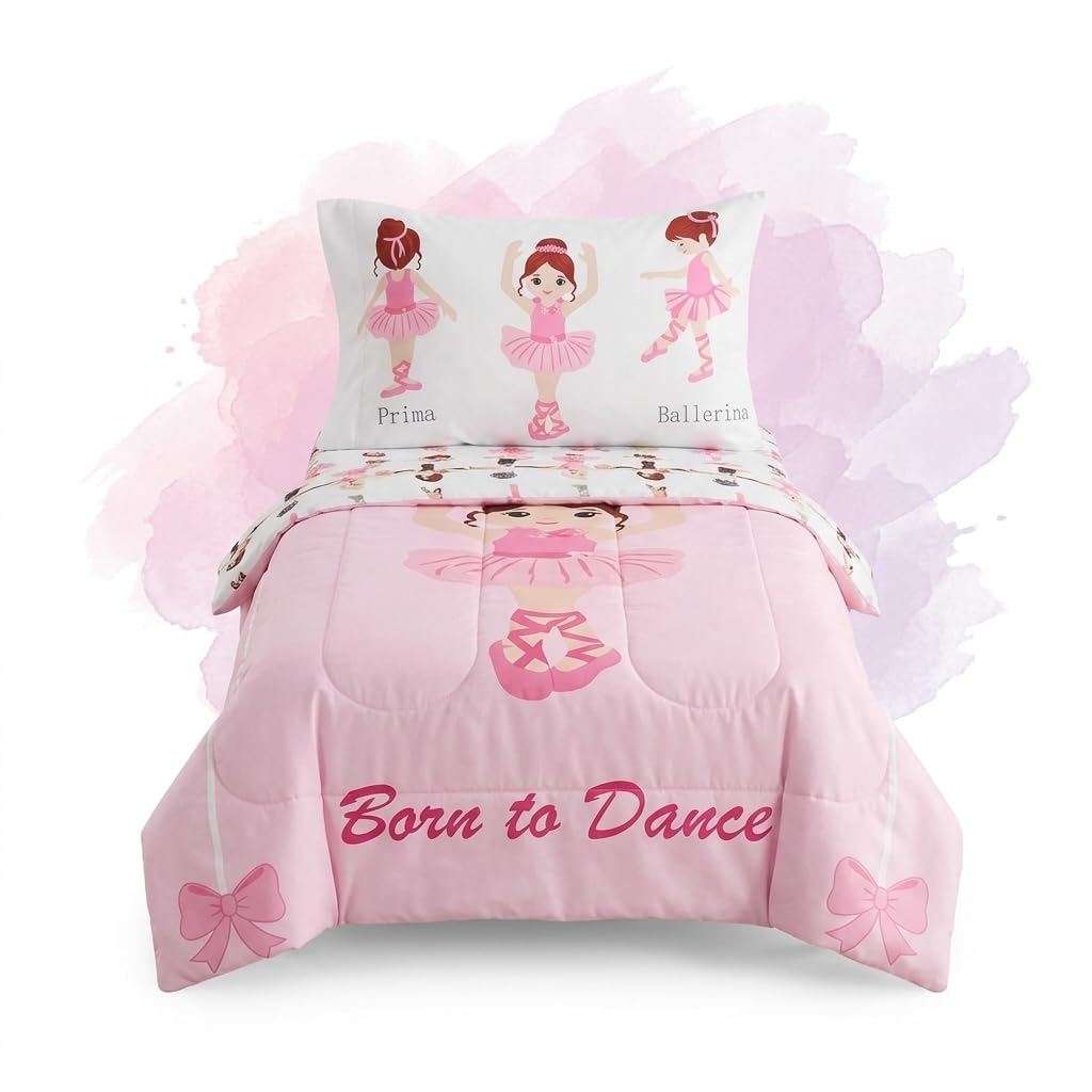 EVERYDAY KIDS Juego de ropa de cama de 4 piezas para niños pequeños - Born to Dance Ballerina - Incluye edredón, sábana plana, sábana ajustable y funda de almohada reversible